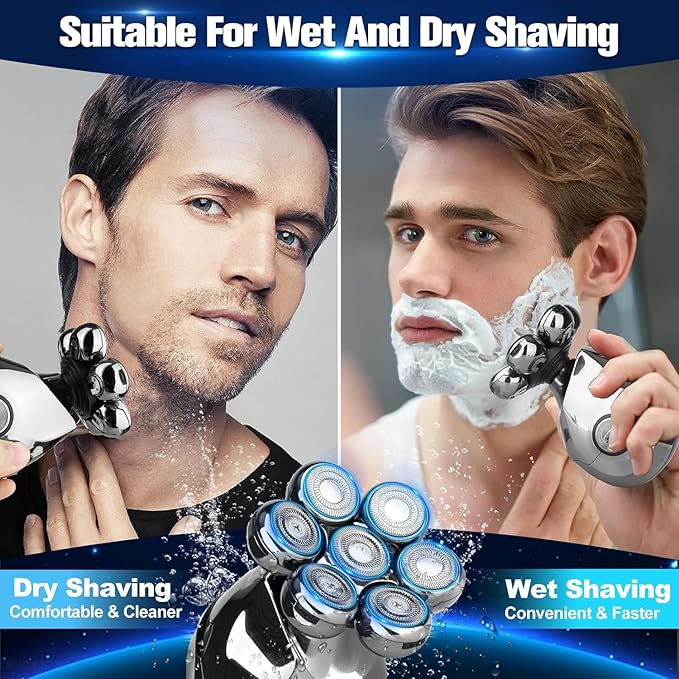 Electric Shaver for Bald Men, 6 in 1 Floating Head Razor with Nose Hair, Sideburns Trimmer, Face Brush, Upgrade 7D Electric Razor for Men with Type-C Charger, LED Display & Waterproof