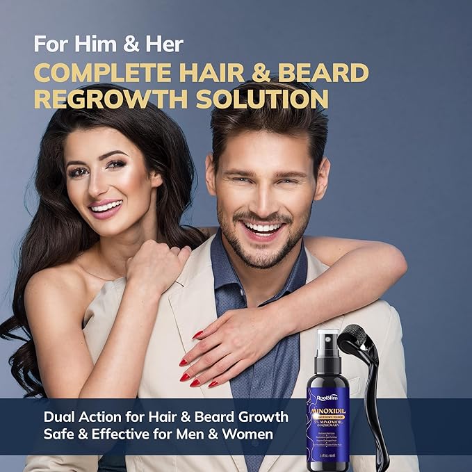 5% Minoxidil Hair Grouth Kit for Men and Women with 0.25 mm Skin Roller – Hair Regrowth Spray & Beard Growth Kit – Targets Thinning Hairlines, Crowns & Patchy Beards – Non-Greasy, Fast-Drying 60ML
