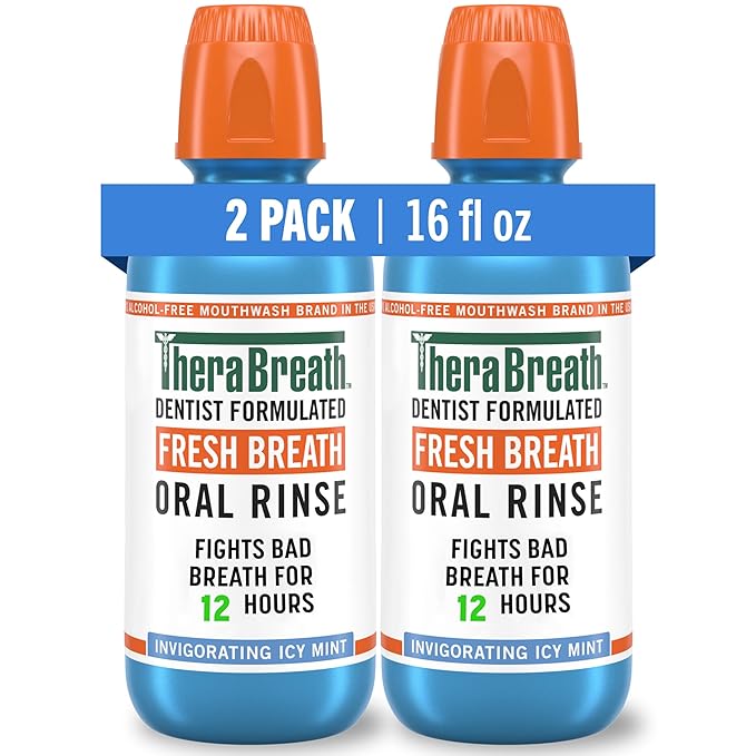 TheraBreath Fresh Breath Mouthwash, Icy Mint Flavor, Alcohol-Free, 16 Fl Oz (Pack of 2)