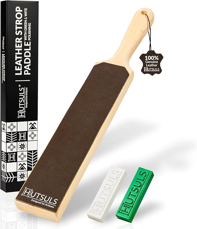 Hutsuls Leather Strop for Knife Sharpening - Top-Tier Double Sided Knife Stropping Kit with White & Green Paddle Strop Compound, Easy to Use Sharpener Leather Knife Strop Kit for Razor Sharp Edges
