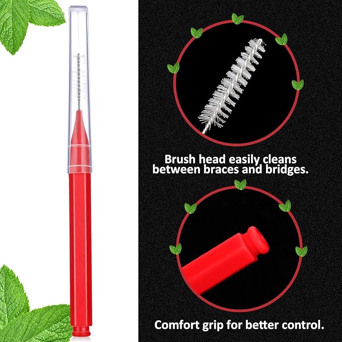 Patelai 100 Pieces Braces Brush for Cleaner Interdental Brush Toothpick Dental Tooth Flossing Head Oral Dental Hygiene Flosser Toothpick Cleaners Tooth Tool(Red,Suitable Size)