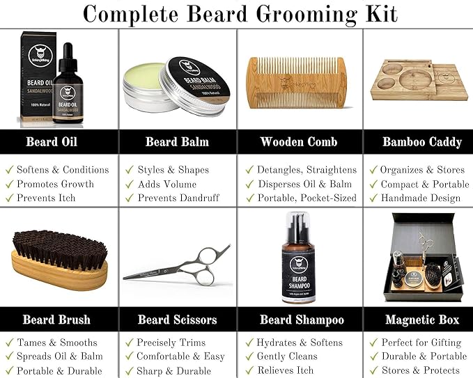 Striking Viking Beard Growth Kit - 7-Piece Set, Sandalwood - Softening Sandalwood Beard Oil & Balm - Brush with Mustache Comb & Scissors - Compact Caddy Organizer & Gifts for Men