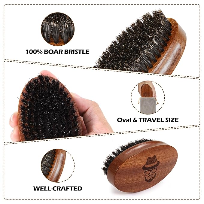 Sosoon Beard Brush for Men, 100% Pure Boar Bristle Beard Brush, Beard Grooming Set Including Beard Comb, 2 Pcs Mustache Scissors, and Travel Bag