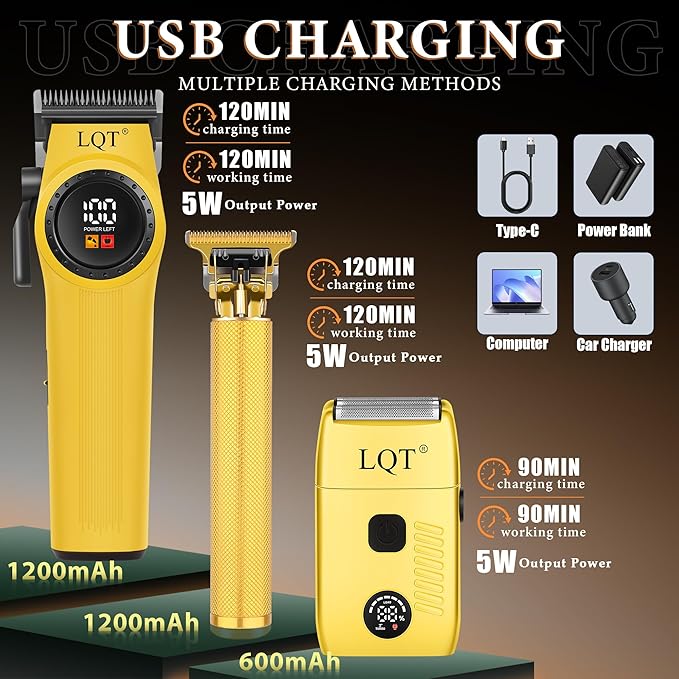 Hair Clippers for Men, 3-Piece Professional Grooming Kit Includes Hair Clipper, LED Power Display,Detail Trimmer and foil Shaver, Complete Cordless Set for Home Barber Use (Gold)