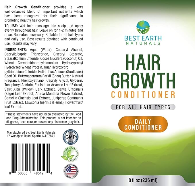 Best Earth Naturals Hair Growth Conditioner For Support of Healthy Hair Growth, Hair loss, Slow Growing and Thinning Hair for Men and Women 8 Ounces