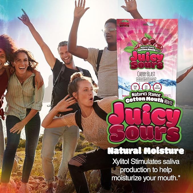 Nature’s Stance Cotton Mouth Juicy Sours Xylitol Mints for Dry Mouth Relief - Sugar Free Mints, Stimulate Saliva & Freshen Breath, Throat, Teeth, Gums - Xylitol Lozenges, 40 Count (Cherry Blast)