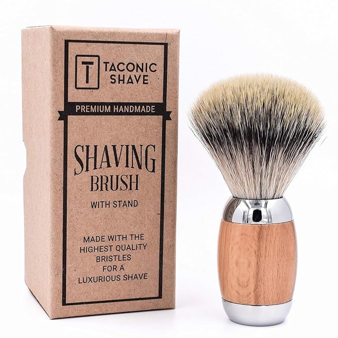 Taconic Shave Synthetic Silvertip Luxury Shaving Brush – Premium 22 mm Knot, Ultra‑Soft Bristles, Beechwood Handle, Includes Acrylic Stand & Gift Box