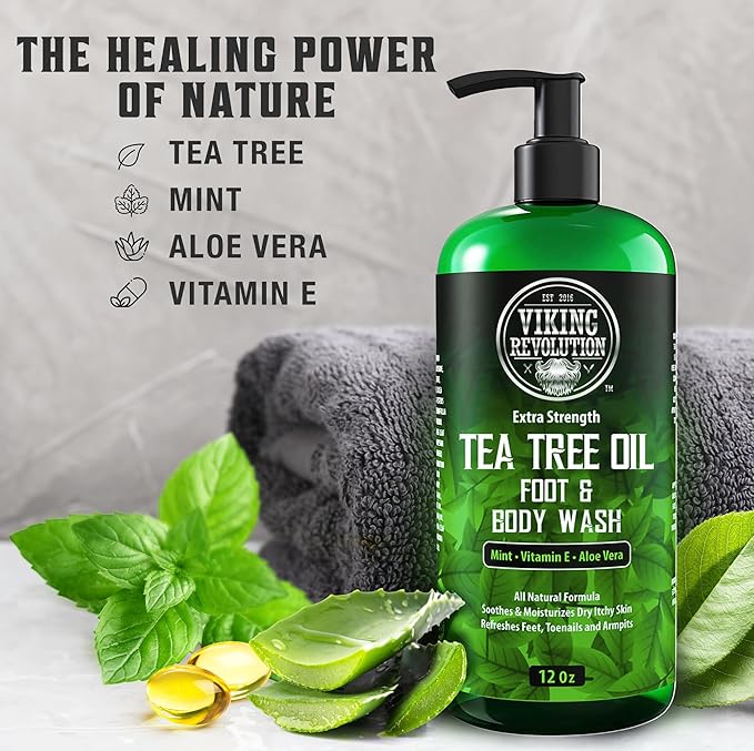 Viking Revolution Tea Tree Body Wash Soap for Men - Helps Athlete's Foot, Jock Itch, Eczema & Body Odors - Extra Strength Tea Tree Oil Men's Body and Foot Wash