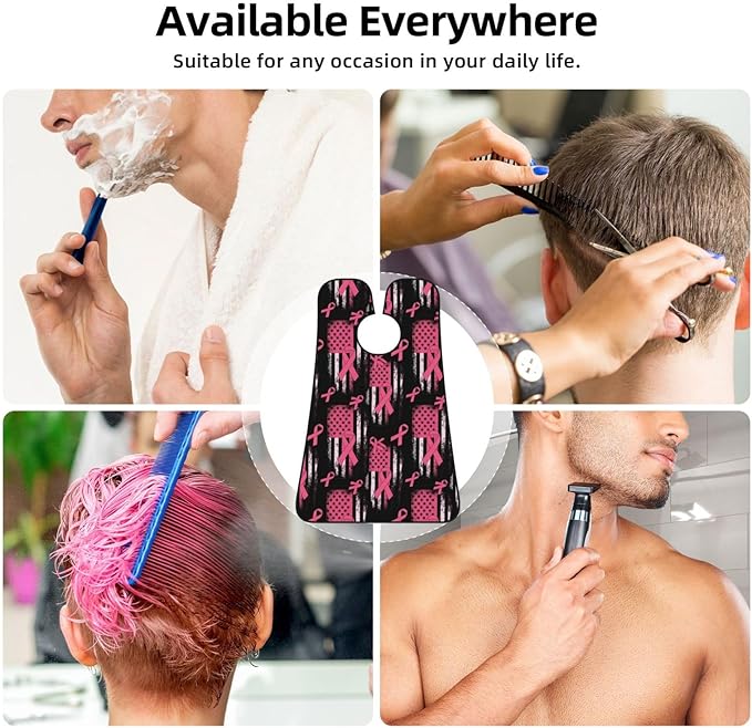 Stretchable Beard Cape, Non-Stick Hair Catcher for Trimming, Waterproof Grooming Apron, Breast Cancer Awareness Pink Ribbon American Flag
