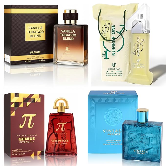 META-BOSEM Mens Cologne Set, EDP, 4 Pack (3.4 oz / 100 mL), Vintage Heros, Genius Intensive, VTB, Number One, Oud & Vanilla Amber, for clean workdays and polished evenings
