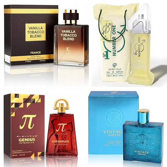 META-BOSEM Mens Cologne Set, EDP, 4 Pack (3.4 oz / 100 mL), Vintage Heros, Genius Intensive, VTB, Number One, Oud & Vanilla Amber, for clean workdays and polished evenings
