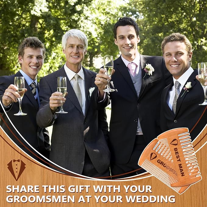 6 Pcs Groomsmen Gifts Wooden Beard Comb for Men Including 1 Best Man and Set of 5 Groomsman Comb Grooming Detangling Tool for Hair & Mustache Wedding Best Man Party Favor Gift