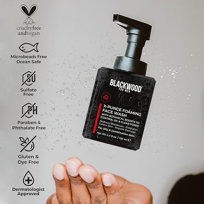 Blackwood For Men X-Punge Foaming Face Wash, Natural Men's Face Cleanser for Normal to Oily Skin | Fights Acne, Reduces Redness, Calms Skin, Exfoliates, Moisturizes | Sulfate Free, Paraben Free, Vegan