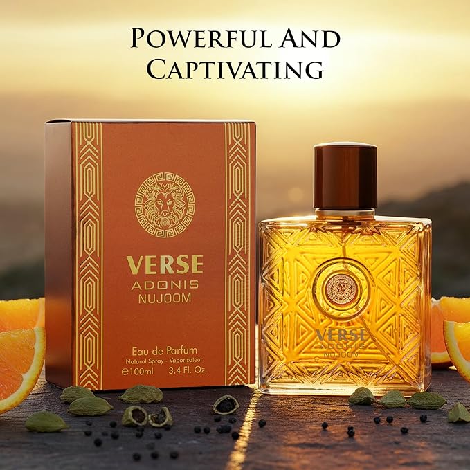NovoGlow Verse Adonis Nujoom Parfum for Men, Oriental Woody Cologne, Sweet Caramel Mandarin Spicy Cardamom, Amber Incense Patchouli, Long Lasting Luxury Fragrance 3.4 oz / 100ml