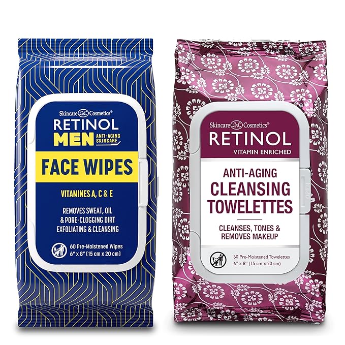 Retinol Men Anti- Aging Facial Wipes - Quickly cleanses Face from Sweat, Oil and Pore-Clogging Dirt without any heavy residue + Retinol Women All in One Anti-Aging Cleansing Towelettes