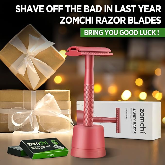 ZOMCHI Double Edge Safety Razor with Stand for Men, Women's Safety Shaving Razor with 10 Double Edge Safety Razor Blades, Single Blade Razor for Shaving –Light Coral