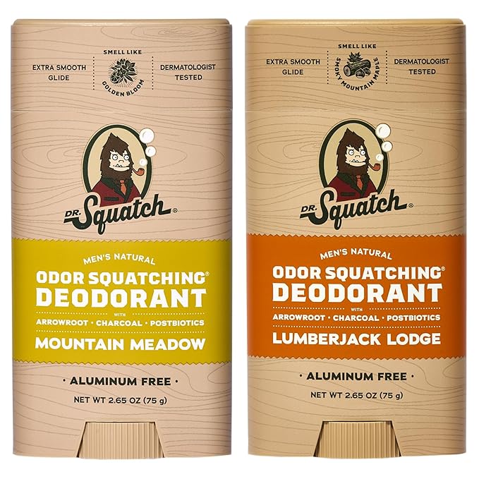 Dr. Squatch Natural Deodorant for Men - Odor-Squatching Aluminum Free - Mountain Meadow & Lumberjack Lodge (2.65 oz, 2-Pack)