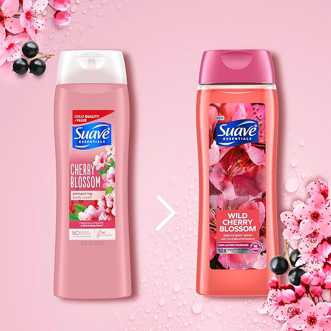 Suave Moisturizing Body Wash, with Wild Cherry Blossom and Vitamin E Extract, No Parabens, No Phtahaltes, 18 Oz Pack of 12
