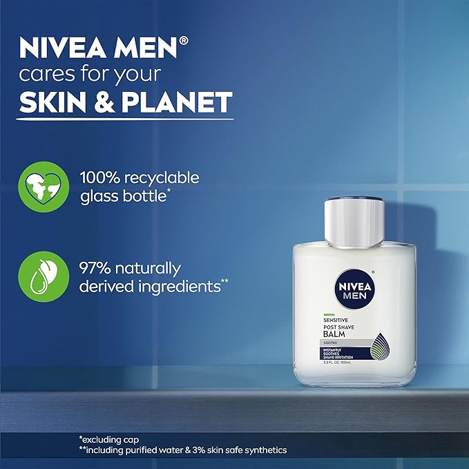NIVEA MEN Sensitive Soothing Post Shave Balm with Vitamin E, Pro-Vitamin B5 and Chamomile Extract, Alcohol Free After Shave Balm for Men, Non-Greasy, 3.3 Fl Oz Bottle, Pack of 3