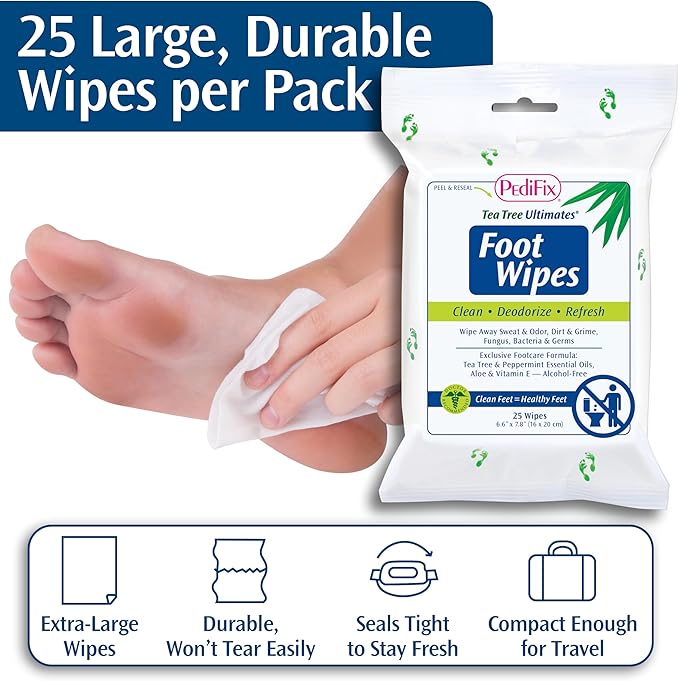 PediFix Tea Tree Ultimates Foot Wipes – Natural Deodorizing & Cleansing with Tea Tree Oil, Peppermint & Aloe Vera for Odor & Sweat Relief