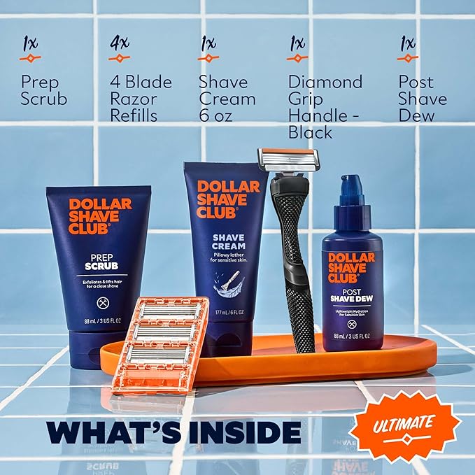 Dollar Shave Club | Ultimate Set | 4 Swift Rinse Refill Cartridges, 1 Handle, 1 Prep Scrub 3 ounce, 1 Shave Cream 6 ounce, 1 Post Shave Dew 3.4 ounce