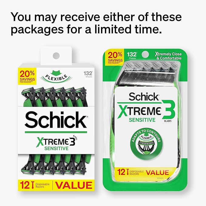 Schick Xtreme 3 Original Sensitive Disposable Razors for Men | Disposable Mens Razors for Shaving Sensitive Skin, 12ct