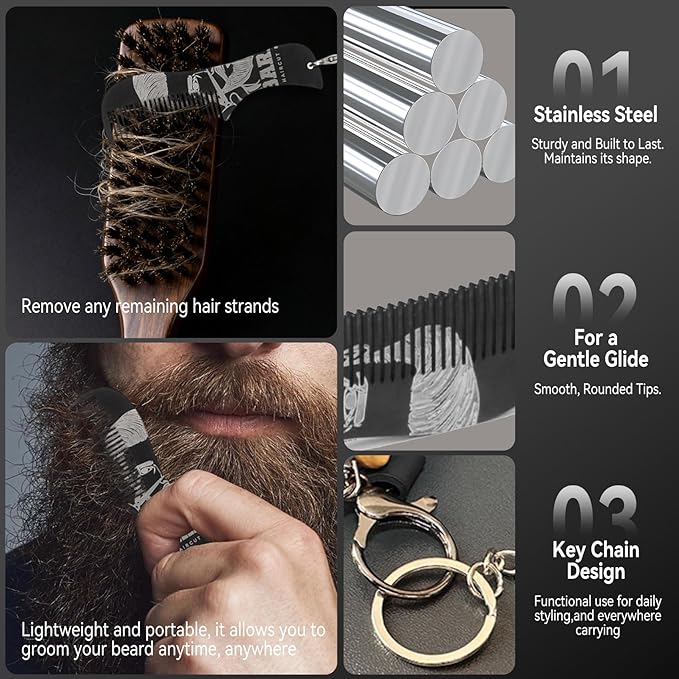 Boar Bristle Beard Brush for Men - Wooden Beard Brush and Slick Back Hair Brush with Metal Comb Keychain, Perfect for Home and Travel Use - Regular