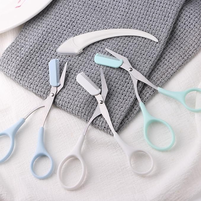 3pcs-Eyebrow Scissors with Eyebrow Razor,Professional Eyebrow Trimmer Scissors with Comb,Non Slip Finger Grips Eyebrow Trimmer, Hair Removal Beauty Accessories for Men Women (Green,Blue,white)