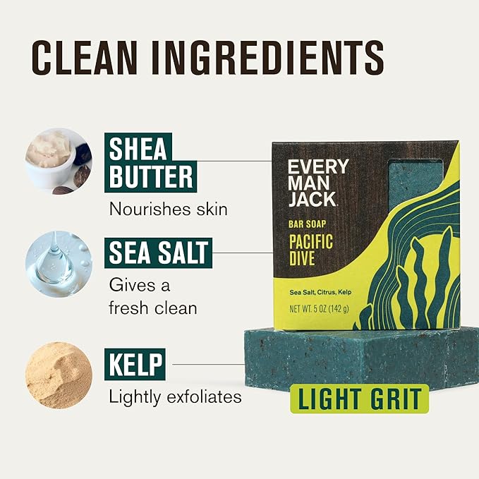 Every Man Jack Cold Plunge Mens Bar Soap - Pacific Dive Scent with notes of Sea Salt, Kelp, Refreshing Citrus - Deeply Cleans, Hydrates with Naturally Derived Ingredients and Light Grit - 5oz 2 Pack