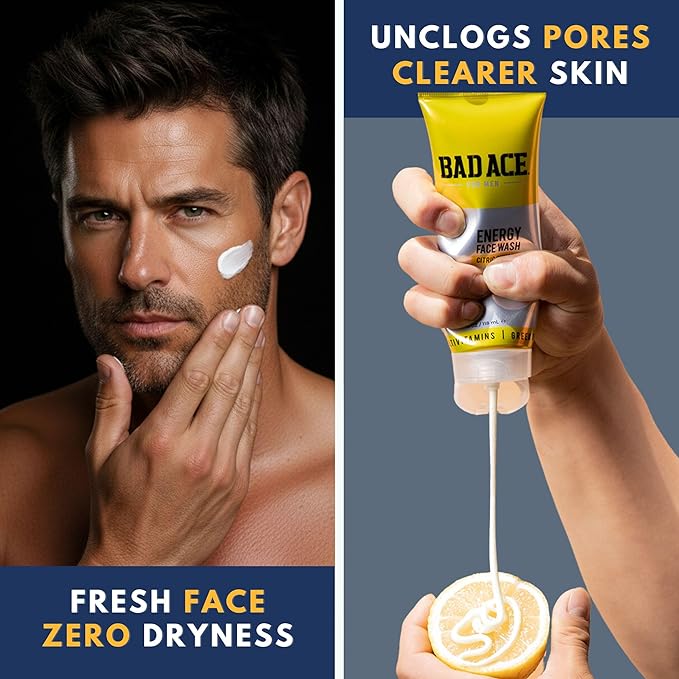 BAD ACE Energy Daily Face Wash | Korean Skin Care Formula Mens Face Wash for Dry Skin, Sensitive, Acne-Prone | Facial Cleanser for Men with Vitamins, Citric Punch, 4 Oz