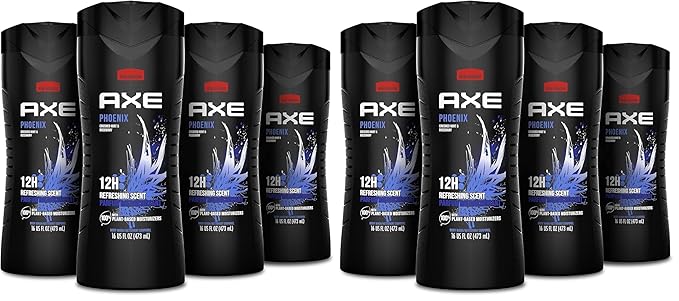 AXE Body Wash Phoenix 12h Refreshing Scent Crushed Mint & Rosemary Men's Body Wash with 100% Plant-Based Moisturizers 16 oz,(Pack of 8)
