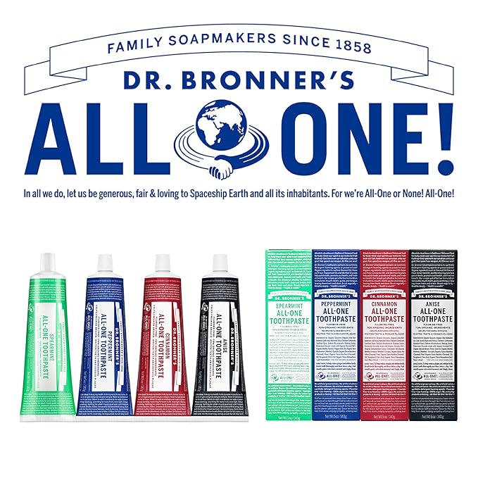 Dr. Bronner’s All-One Toothpaste– Peppermint & Spearmint, 5 oz, 2-Pack– Fluoride-Free Toothpaste for Adults, 70% Organic & Natural Ingredients, Vegan, Helps Freshen Breath, Reduce Plaque, Whiten Teeth