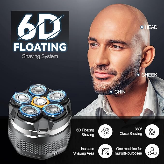 Head Shaver for Bald Men, 10,000 RPM High-Speed Electric Razor, Innovative 6D Magnetic Floating Heads, IPX8 Waterproof Wet/Dry Shaving Kit with LED Display & EVA Travel Case，Upgraded Gray&Yellow