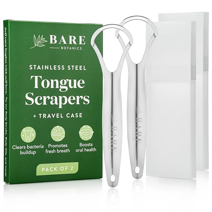 Bare Botanics Tongue Scraper 2 pcs | Durable Stainless-Steel and Reusable Tongue Cleaner w/ Case | Compact Oral Hygiene Tool