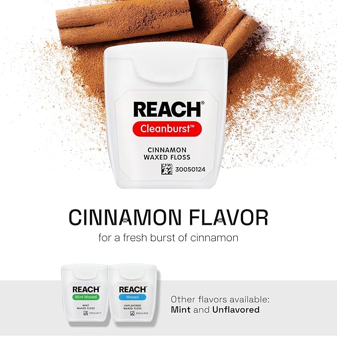 REACH Waxed Dental Floss, Cinnamon, Plaque Remover for Teeth, Shred Resistant, Floss Slides Smoothly, Easy to Use, Waxed, Deep Cleaning Teeth, Oral Care, PFAS Free, for Adults & Kids, 6 Pack, 55 yd