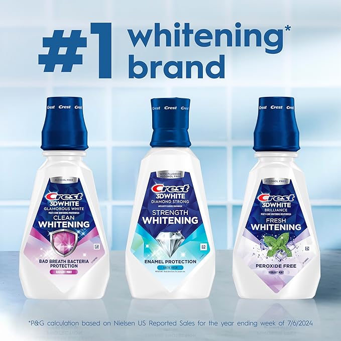 Crest 3D White Glamorous White Alcohol Free Multi-Care Whitening Mouthwash, Hydrogen Peroxide Mouthwash, Arctic Mint, 16 fl oz (473 mL) - Pack of 4, Crest Mouthwash
