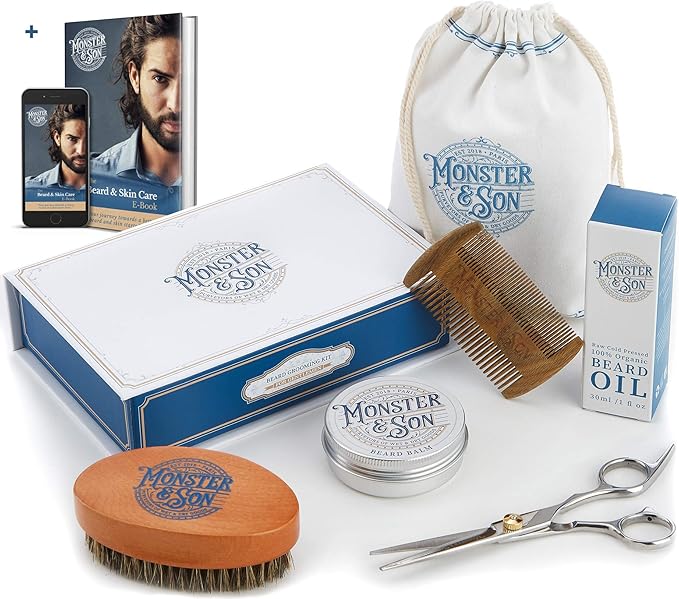 Monster&Son Premium 7-Item Organic Beard Kit - Beard Oil, Beard Balm, Beard Brush, Beard Comb, Scissors, Canvas Travel Bag - Male Grooming Kit in Gift Box - Great Mens Birthday Gift - Father's Day