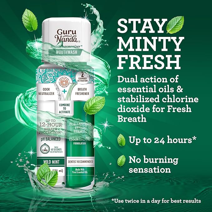 GuruNanda Dual Barrel Breath Harmonizer Mouthwash - Freshens Breath - Alcohol & Fluoride Free with Sodium Chlorite & Essential Oils - Wild Mint Flavor, 3 Pack