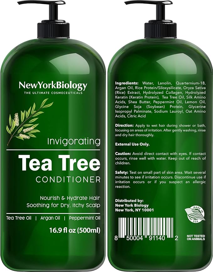 New York Biology Tea Tree Shampoo and Conditioner Set - Deep Cleanser - Relief for Dandruff and Dry Itchy Scalp - Therapeutic Grade - Helps Promote Hair Growth - 16.9 Fl Oz