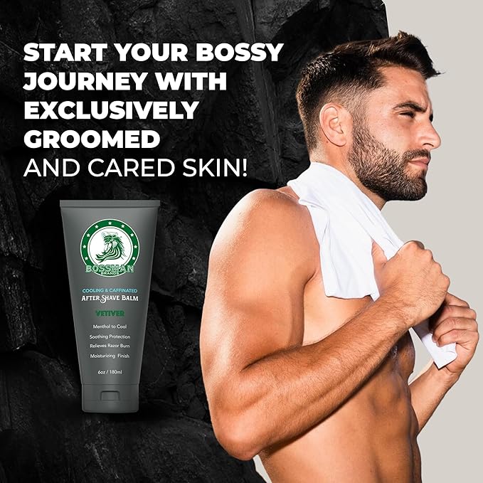 Bossman Cooling & Caffeinated After Shave Balm for Men – Soothes & Protects with Menthol, Caffeine & Tea Tree – Vetiver X Scent