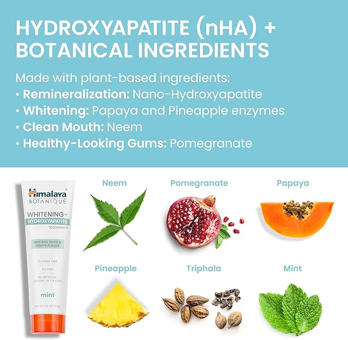 Himalaya Botanique Whitening + Hydroxyapatite Toothpaste, Mint Flavor - Nano Hydroxyapatite to Support Remineralization and Restore Enamel to Strengthen Teeth - Vegan, Gluten Free, 4 oz (Pack of 4)