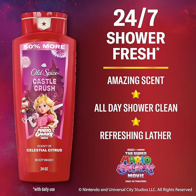 Old Spice Body & Face Wash for Men, x The Super Mario Galaxy Movie, 3X Defense, 24/7 Shower Fresh with Long Lasting Scent, Smell Super with Castle Crush, Celestial Citrus Scent, 24 oz
