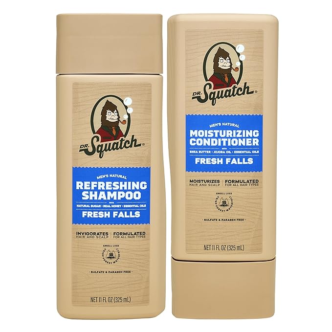 Dr. Squatch Natural Hair Bundle for Men - Healthy, Full Looking Hair - Fresh Falls Shampoo (11 fl oz), Fresh Falls Conditioner (11 fl oz)