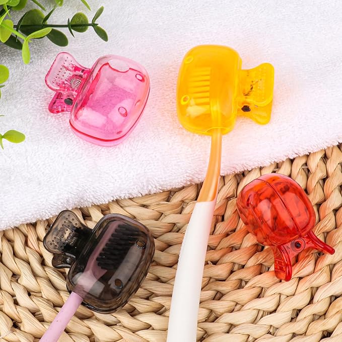 4 Pack Travel Toothbrush Head Covers Toothbrush Protector Cap Brush Pod Case Protective Portable Plastic Clip for Household Travel, Bathroom, School, Camping, Business (Grey, Red, Orange, Pink)