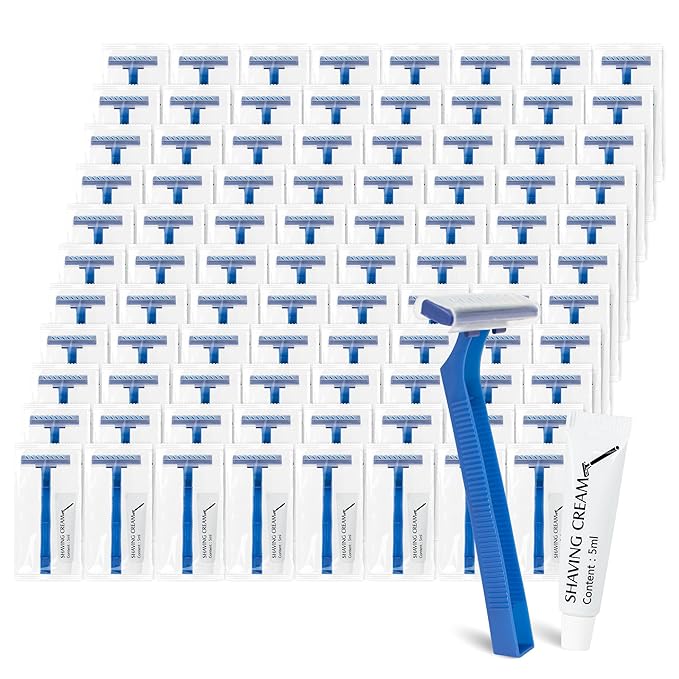 Disposable Razors Bulk, Razors Individually Wrapped Bulk With Shaving Cream, For Hotels, Shelters, Homeless, Nursing Homes, Charities, Churches, Blue (100-PACK)