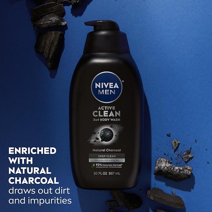 NIVEA MEN Active Clean Body Wash with Natural Charcoal for Normal to Oily Skin,3-in-1 Charcoal Body Wash,Face and Hair,Draws Out Dirt and Impurities,30 Fl Oz Bottle,(Pack of 2)