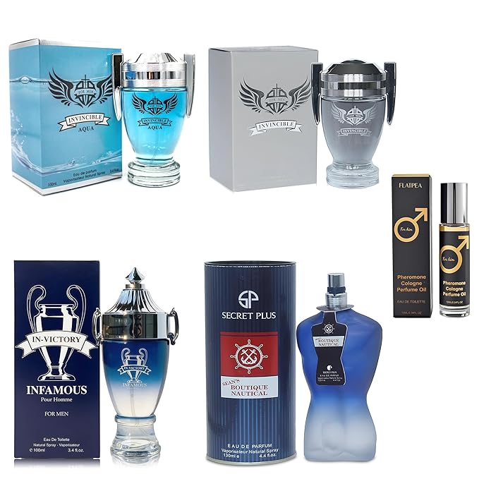 Men's Cologne Gift Set - Variety Pack of 4 Long Lasting Fragrances with 10ml Pheromone Cologne (In-Victory Infamous/Invincible Grey/Invincible Aqua SP/Sean Nautical)
