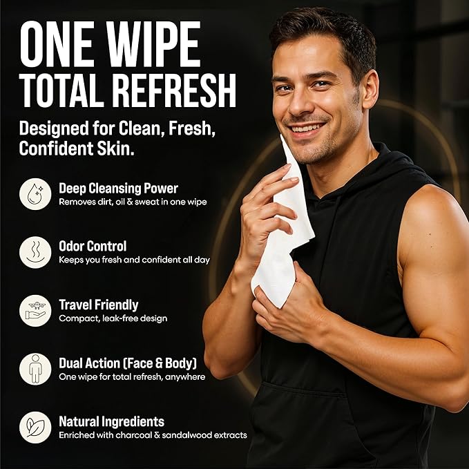 BLKSMITH Face & Body Wipes for Men - Travel Face & Body Wipes - Total 60 - Charcoal & Sandalwood Scent, Cool Gifts for Men 30x2 Wipe - Ideal for Gym, Office, or Outdoors, 2 Pack