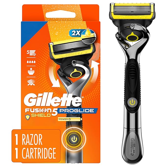 Gillette Fusion5 ProGlide Shield Shaving Razor for Men, 1 Power Razor Handle, 1 Refill, 2x Lubrication, Battery-Powered with FlexBall Handle and Precision Trimmer for Men