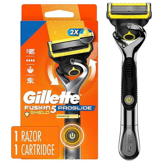 Gillette Fusion5 ProGlide Shield Shaving Razor for Men, 1 Power Razor Handle, 1 Refill, 2x Lubrication, Battery-Powered with FlexBall Handle and Precision Trimmer for Men